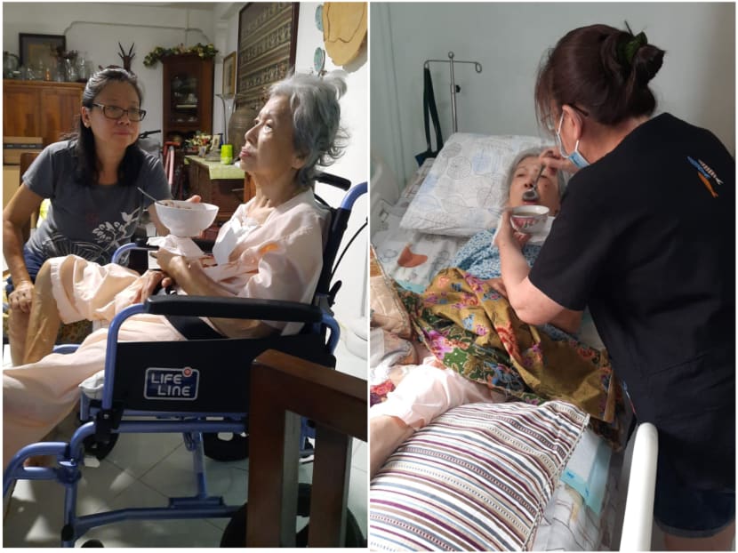 Ms Eveline Gan's grandmother being fed by a daughter Mary (left) who was herself unwell at the time, and by another daughter when the grandmother was down with Covid-19 (right) in 2022. Ms Eveline Gan's grandmother being fed by a daughter Mary (left) who was herself unwell at the time, and by another daughter when the grandmother was down with Covid-19 (right) in 2022.