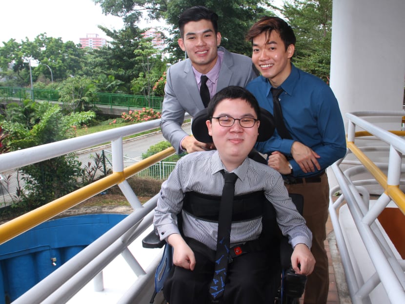 Mr Shalom Lim, Ern Rong (centre), Mr Bryan Chong, Wei Ren (left) and Mr Josiah Ong Qing You will get S$12,000 a year to pay for their tuition fees in local universities. Photo: Daryl Kang Mr Shalom Lim, Ern Rong (centre), Mr Bryan Chong, Wei Ren (left) and Mr Josiah Ong Qing You will get S$12,000 a year to pay for their tuition fees in local universities. Photo: Daryl Kang