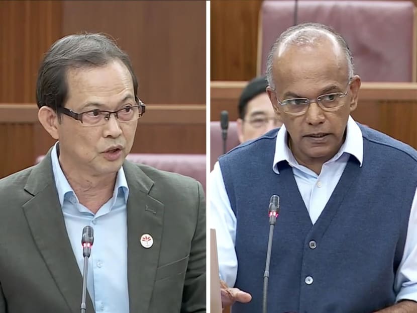 Progress Singapore Party's Leong Mun Wai (left) and Law and Home Affairs Minister K Shanmugam had a heated exchange in Parliament on March 22, 2023. Progress Singapore Party's Leong Mun Wai (left) and Law and Home Affairs Minister K Shanmugam had a heated exchange in Parliament on March 22, 2023.