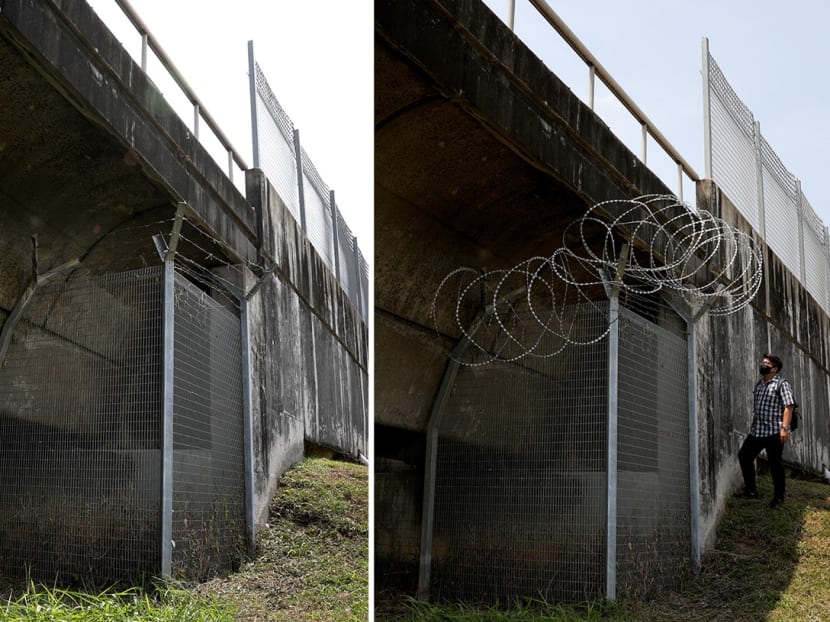 Left: Fencing along the train tracks near Kallang MRT station photographed on Feb 26, a day after a 31-year-old man was run over by a train. Right: Concertina wire on the same fence had been put up, as photographed on Feb 28.