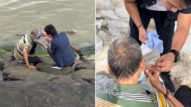 老翁樟宜海边悼妻不慎坠海 幸得夫妇相救