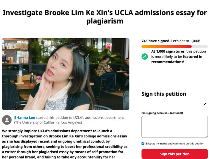 A petition was launched urging the University of California to look into the university application of Ms Brooke Lim (pictured), after the social media influencer was embroiled in plagiarism allegations. A petition was launched urging the University of California to look into the university application of Ms Brooke Lim (pictured), after the social media influencer was embroiled in plagiarism allegations.