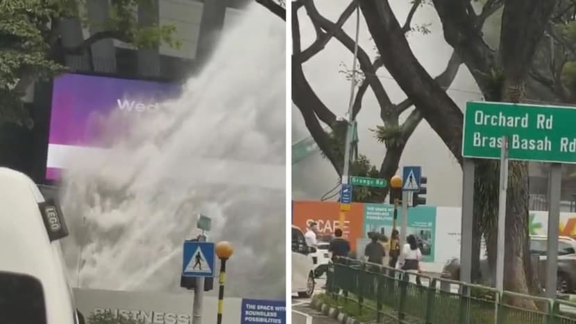 NEWater pipe leak in Orchard causes massive gush of water outside *Scape mall