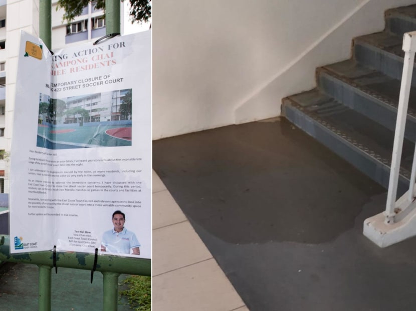 A notice (left) to inform people of the temporary closure of a football court at Block 422, Bedok North Road, and a photo (right) provided by resident Steven Low showing what he described as a pool of urine at a staircase of the housing block. A notice (left) to inform people of the temporary closure of a football court at Block 422, Bedok North Road, and a photo (right) provided by resident Steven Low showing what he described as a pool of urine at a staircase of the housing block.