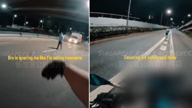 男子喝醉走上快速公路 摩托车骑士下车护航