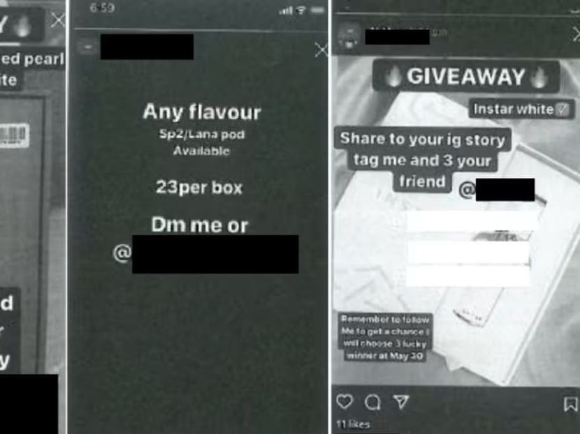 Screenshots from court documents showing how the teen advertised the e-cigarettes and pods on Instagram.