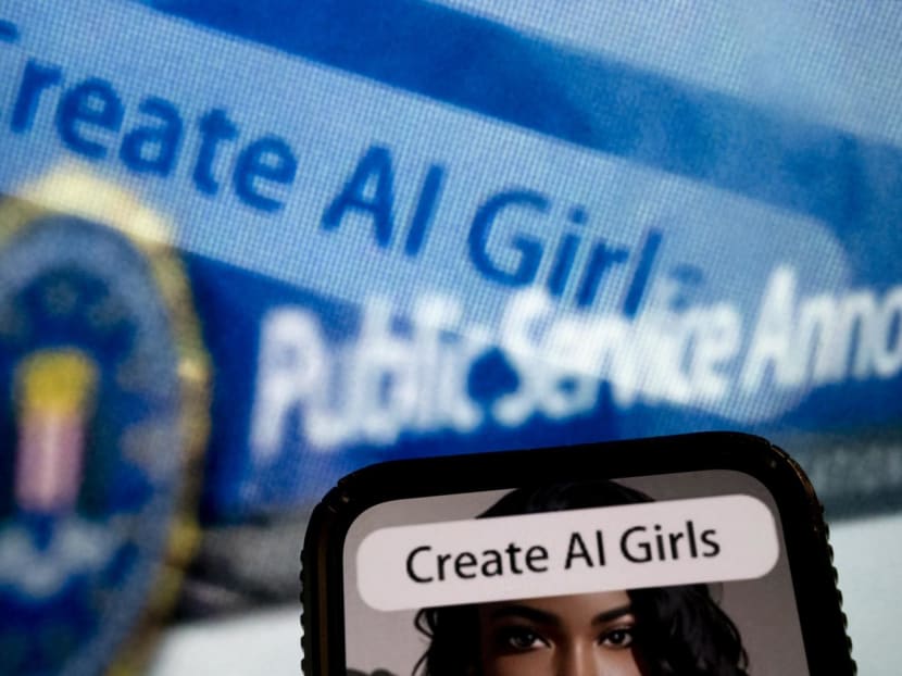 This photo illustration created on July 18, 2023, shows an advertisement to create AI girls reflected in a public service announcement issued by the FBI regarding malicious actors manipulating photos and videos to create explicit content and sextortion schemes. This photo illustration created on July 18, 2023, shows an advertisement to create AI girls reflected in a public service announcement issued by the FBI regarding malicious actors manipulating photos and videos to create explicit content and sextortion schemes.