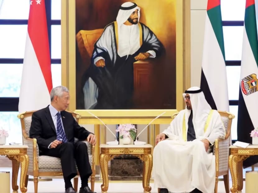 Prime Minister Lee Hsien Loong was received by UAE President Sheikh Mohamed Zayed Al Nahyan at Qasr Al Watan in Abu Dhabi on Sunday, Oct 22, 2023. Prime Minister Lee Hsien Loong was received by UAE President Sheikh Mohamed Zayed Al Nahyan at Qasr Al Watan in Abu Dhabi on Sunday, Oct 22, 2023.