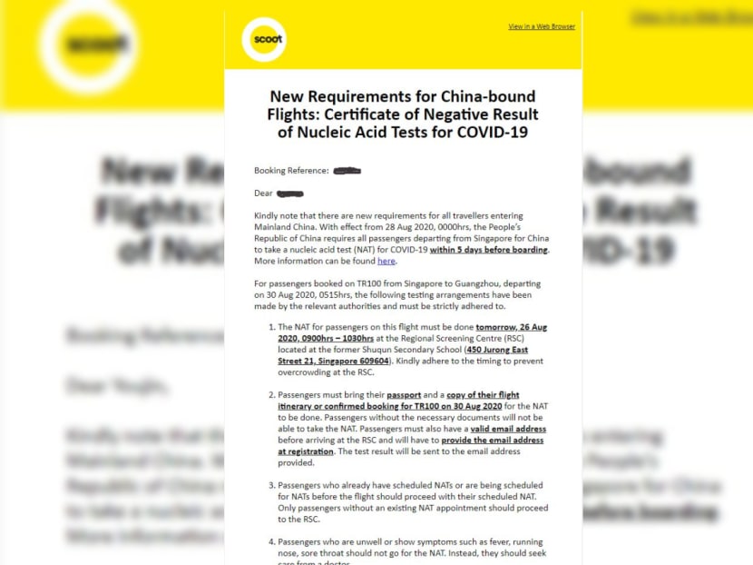 A screenshot of the email that budget airline Scoot sent to its customers on Aug 25, 2020.