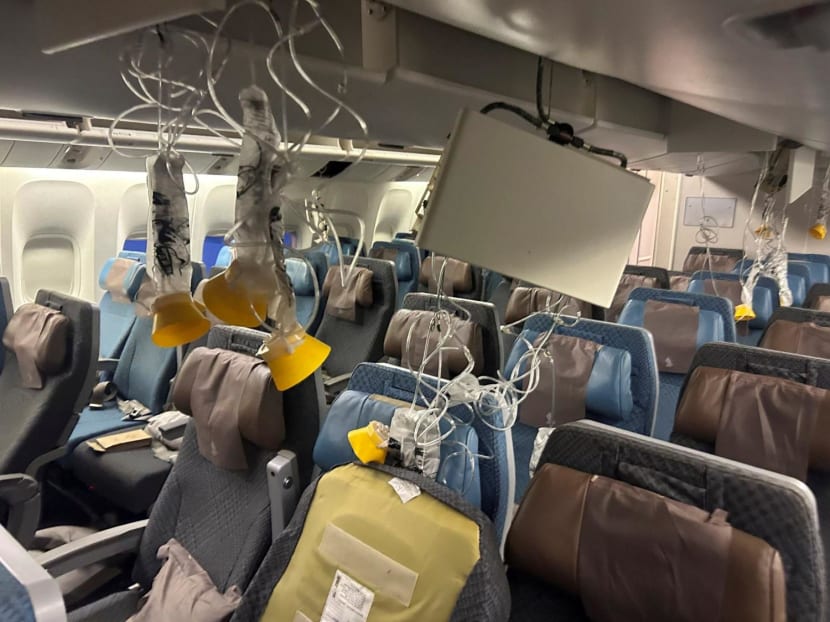 The interior of Singapore Airlines flight SQ321 after an emergency landing at Bangkok's Suvarnabhumi International Airport, Thailand on May 21, 2024. The interior of Singapore Airlines flight SQ321 after an emergency landing at Bangkok's Suvarnabhumi International Airport, Thailand on May 21, 2024.