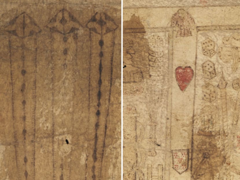 The "birthing girdle" is covered with images such as the three nails from Christ’s crucifixion (left) and a cross with red heart and shield (right). The "birthing girdle" is covered with images such as the three nails from Christ’s crucifixion (left) and a cross with red heart and shield (right).