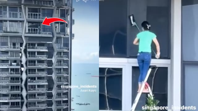 好吓人！滨海湾公寓女子踩梯子 高楼阳台擦窗引热议 