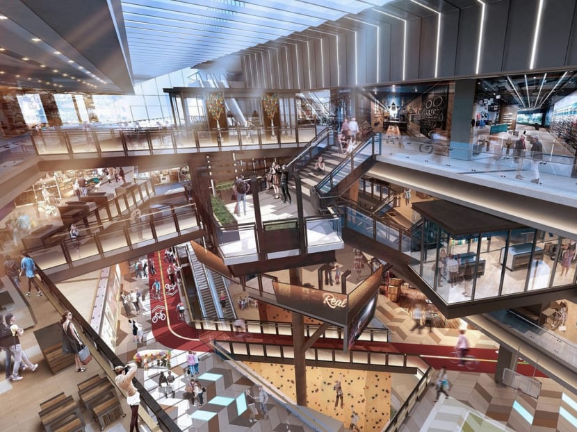 The ‘Tree of Life’ is Funan’s design centrepiece. Extending from Basement 2 to Level 4, the wooden and steel structure houses a variety of open spaces and studios that promote new forms of retail experimentation. Climb Central will offer a 15m-high climbing facility from Basement 2 to Level 2. Photo: CapitaLand