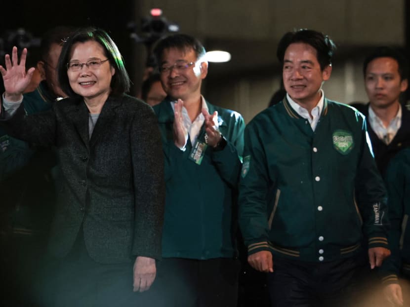 Taiwan's President Tsai Ing-wen (L) waves beside President-elect Lai Ching-te (2nd R) during a rally outside the headquarters of the Democratic Progressive Party (DPP) in Taipei on Jan 13, 2024, after Mr Lai won the presidential election. 