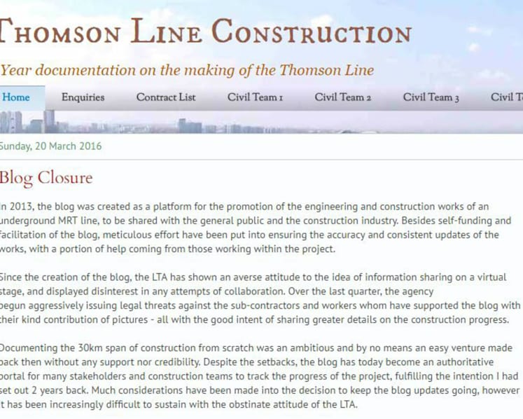 LTA denies claims of threats as teen closes blog on MRT line construction