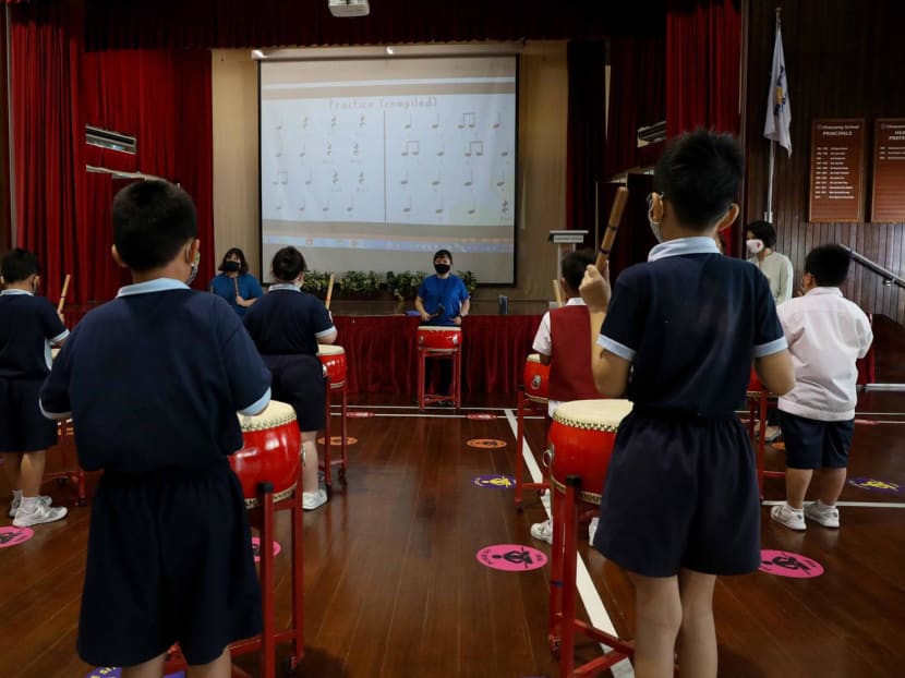 Students from APSN Chaoyang School playing the drum in the school hall on Nov 5, 2020. Students from APSN Chaoyang School playing the drum in the school hall on Nov 5, 2020.