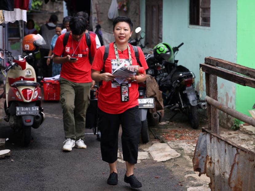 Ms Francine Widjojo, 44, a parliamentary candidate from the Indonesian Solidarity Party (PSI) walks during her campaign in Jakarta, Indonesia, on Jan 28, 2024. Ms Francine Widjojo, 44, a parliamentary candidate from the Indonesian Solidarity Party (PSI) walks during her campaign in Jakarta, Indonesia, on Jan 28, 2024.