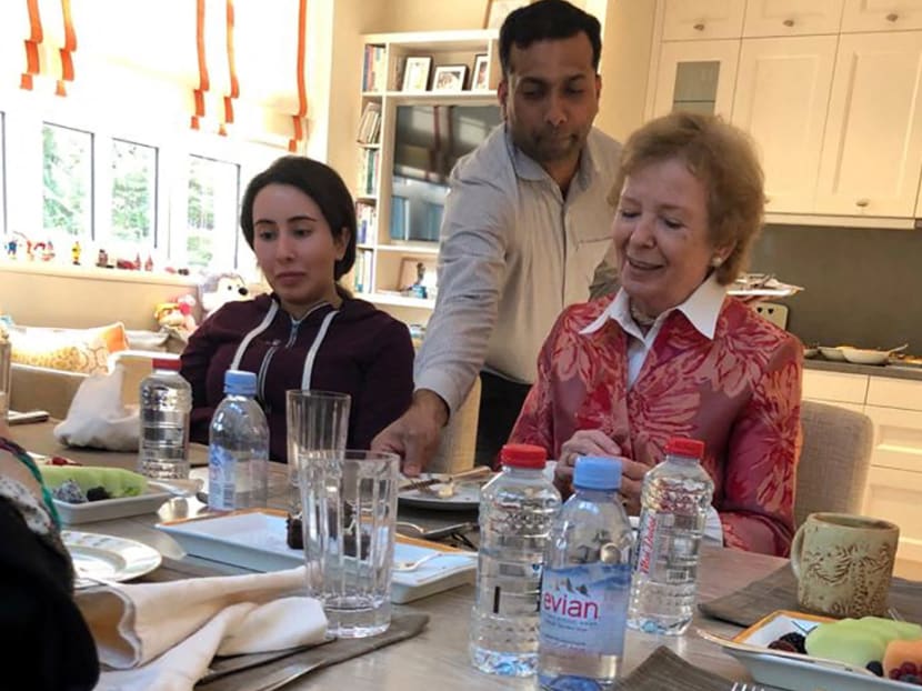 This file handout photo provided by United Arab Emirates News Agency (WAM) on December 24, 2018 shows Sheikha Latifa bint Mohammed bin Rashid al-Maktoum (L) having a meal with Mary Robinson, former President of Ireland.