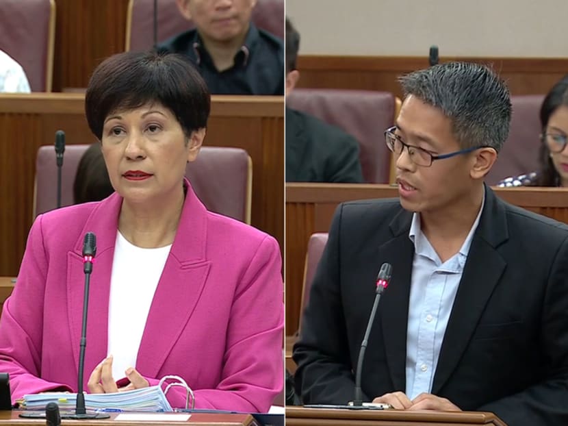 Ms Indranee Rajah (left), Minister in the Prime Minister's Office, and Mr Gerald Giam from the Workers' Party speaking in Parliament on March 7, 2024. Ms Indranee Rajah (left), Minister in the Prime Minister's Office, and Mr Gerald Giam from the Workers' Party speaking in Parliament on March 7, 2024.