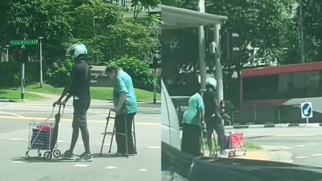 助年长者推购物车过马路 摩托骑士善行获网民大赞