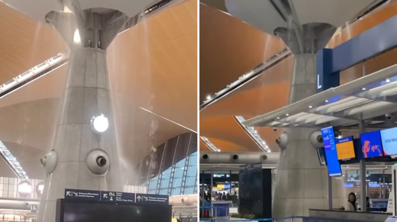 暴雨导致天花板漏水 吉隆坡国际机场紧急抢修