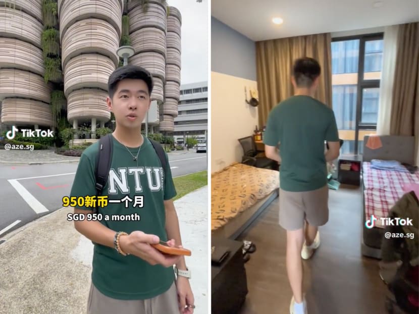 Screenshots of a graduate student giving a tour of his campus accommodation at Nanyang Technological University.