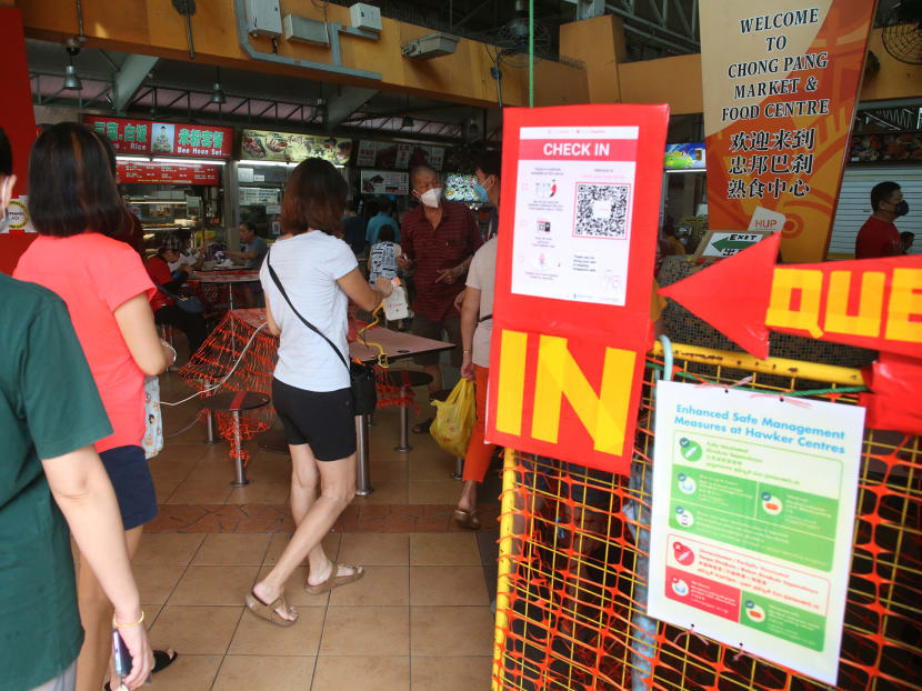 Fully vaccinated or eligible persons will be given a sticker to identify them after checks at hawker centres, while those who are not vaccinated or partially vaccinated can only buy food to take away. Fully vaccinated or eligible persons will be given a sticker to identify them after checks at hawker centres, while those who are not vaccinated or partially vaccinated can only buy food to take away.