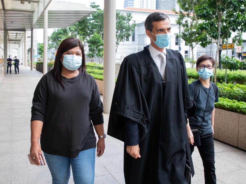 Ms Parti Liyani (left) and her lawyer Anil Balchandani (centre) outside the High Court on Oct 27, 2020.