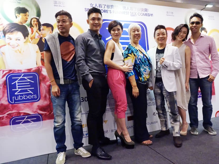 The director and cast of local sex comedy, Rubbers - Han Yew Kwang, Julian Hee, Yeo Yann Yann, Catherine Sng, Marcus Chin, Oon Shu An and Alaric Tay. Photo: Hon Jing Yi