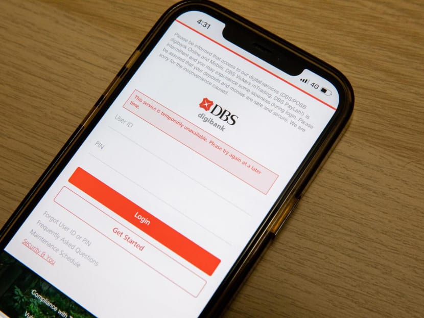 DBS' internet banking login page showing an error message on March 29, 2023.