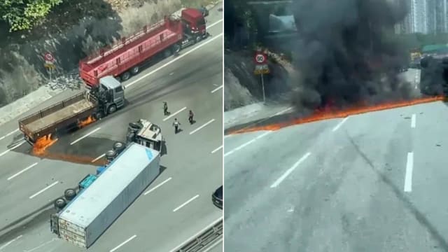 马国拖格罗厘翻覆 路面燃起“火墙”