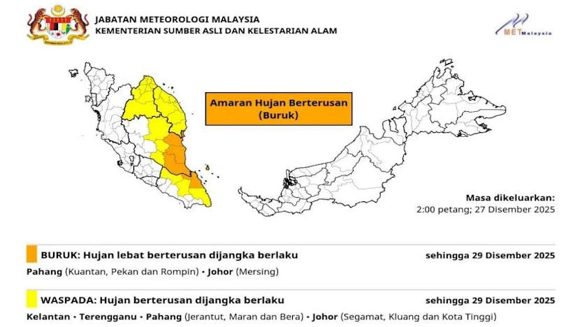 Amaran hujan berterusan di Pahang, Johor, Kelantan, Terengganu hingga Isnin