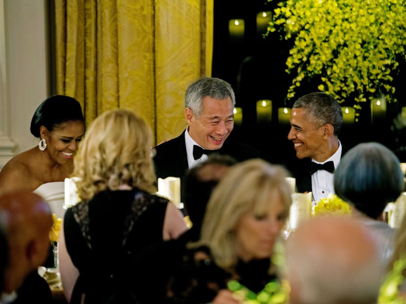President Barack Obama with Prime Minister Lee Hsien Loong at the state dinner at the White House on Wednesday (Aug 3). A joint statement released earlier in the day revealed plans for future collaborations in areas ranging from trade and defence to climate change. Photo: AFP President Barack Obama with Prime Minister Lee Hsien Loong at the state dinner at the White House on Wednesday (Aug 3). A joint statement released earlier in the day revealed plans for future collaborations in areas ranging from trade and defence to climate change. Photo: AFP