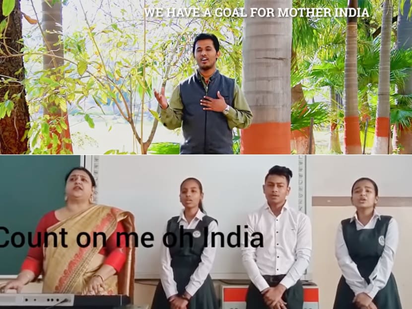 A screenshot of a video showing people in India singing a song that sounds close to Count on Me, Singapore.
