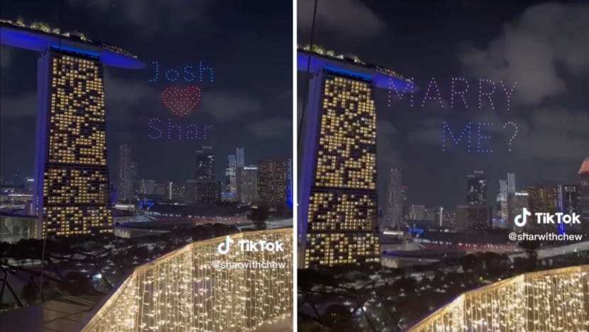 #trending: Netizens wowed by 150-drone wedding proposal at Marina Bay Sands but some call it excessive