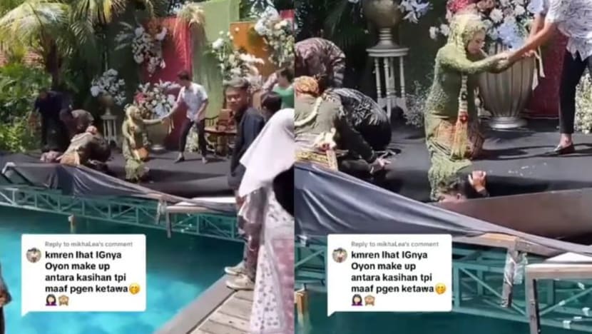 Pasangan pengantin ini basah kuyup selepas pelamin atas kolam renang runtuh