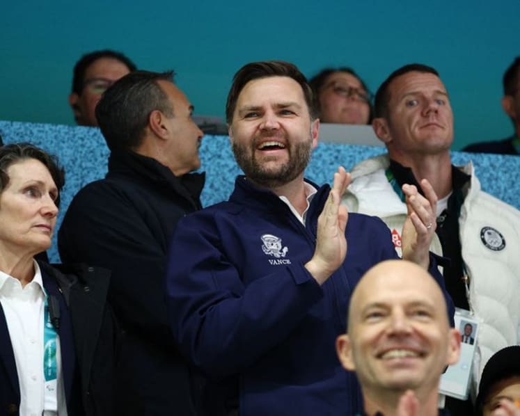 US Vice President Vance cheers on US ice hockey team in Milan