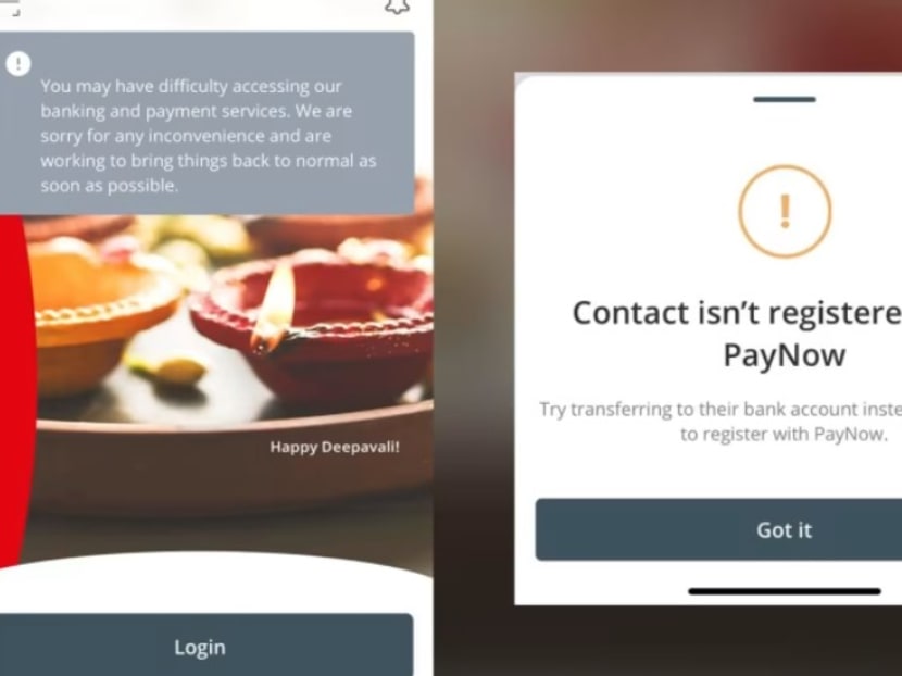 Screenshots of the OCBC banking mobile app and its PayNow page on Nov 7, 2023.