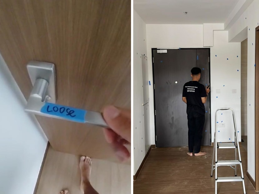 Defects or imperfections marked by blue stickers by a commercial defect checker at a new BTO flat in Tengah. Defects or imperfections marked by blue stickers by a commercial defect checker at a new BTO flat in Tengah.