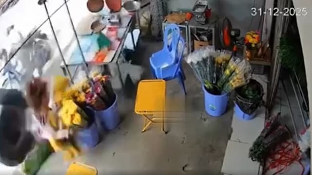 越南拖拉机挂车车轮脱落 滚入商店撞飞女子