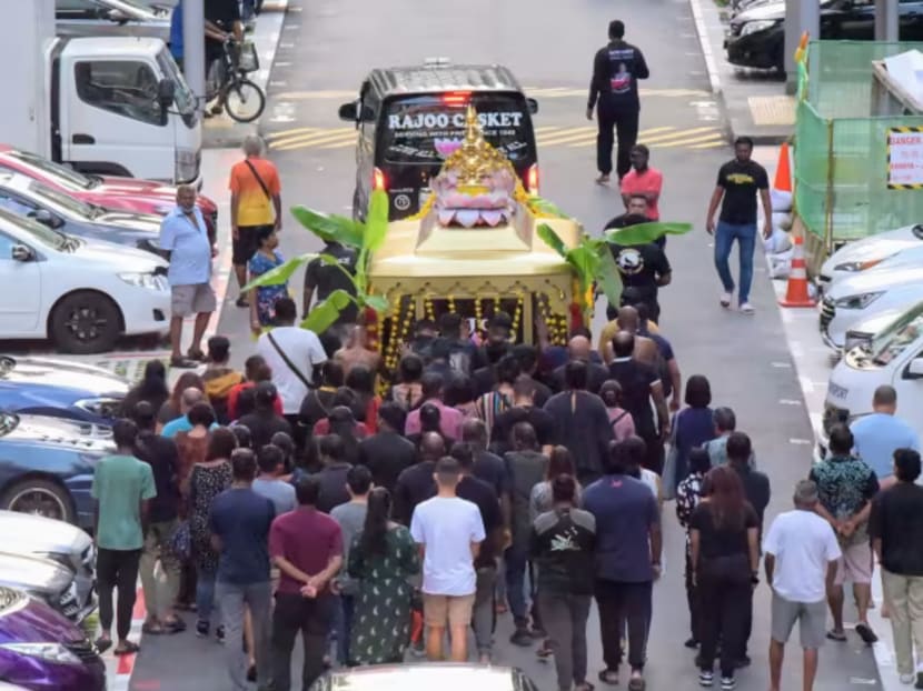 The hearse of police officer Uvaraja Gopal near Block 393 Yishun Avenue 6, where his wake was held on July 23, 2023. The hearse of police officer Uvaraja Gopal near Block 393 Yishun Avenue 6, where his wake was held on July 23, 2023.