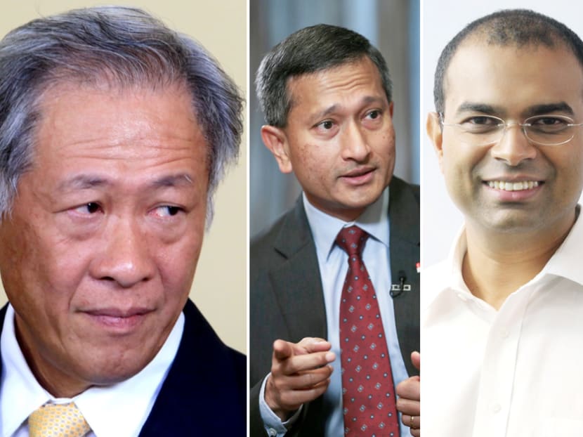 (From left) Defence Minister Ng Eng Hen, Foreign Minister Vivian Balakrishnan, and Minister of State Janil Puthucheary. TODAY file photos