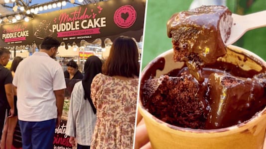 Matilda’s Puddle Cake Stall Draws Queues For $11 Cake Tub Drowned In Chocolate Sauce At Tampines Pasar Malam