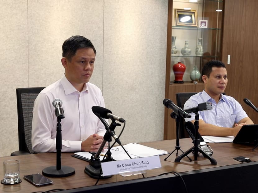 Trade and Industry Minister Chan Chun Sing (left) and National Development Minister Desmond Lee at a press conference on Feb 22, 2021. Trade and Industry Minister Chan Chun Sing (left) and National Development Minister Desmond Lee at a press conference on Feb 22, 2021.