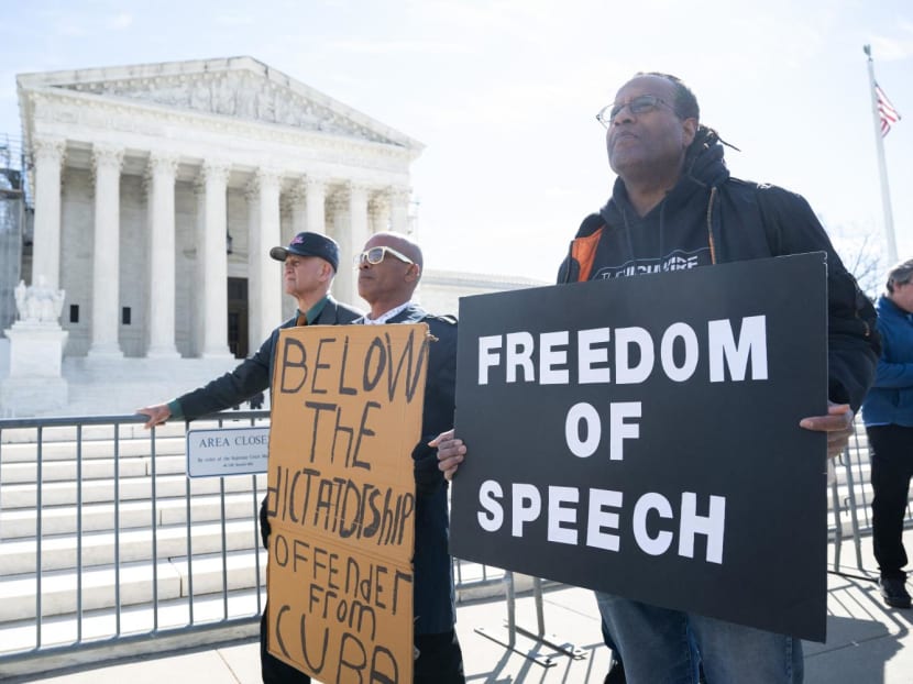 Conservative demonstrators who allege that the government pressured or colluded with social media platforms to censor right-leaning content under the guise of fighting misinformation protest outside the US Supreme Court in Washington, DC, on March 18, 2024 Conservative demonstrators who allege that the government pressured or colluded with social media platforms to censor right-leaning content under the guise of fighting misinformation protest outside the US Supreme Court in Washington, DC, on March 18, 2024