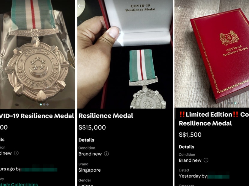Screenshots of Carousell listings selling Covid-19 Resilience Medals.