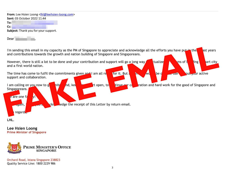 'Scammers are relentless' says PM Lee, as fake emails purportedly sent by him circulate online