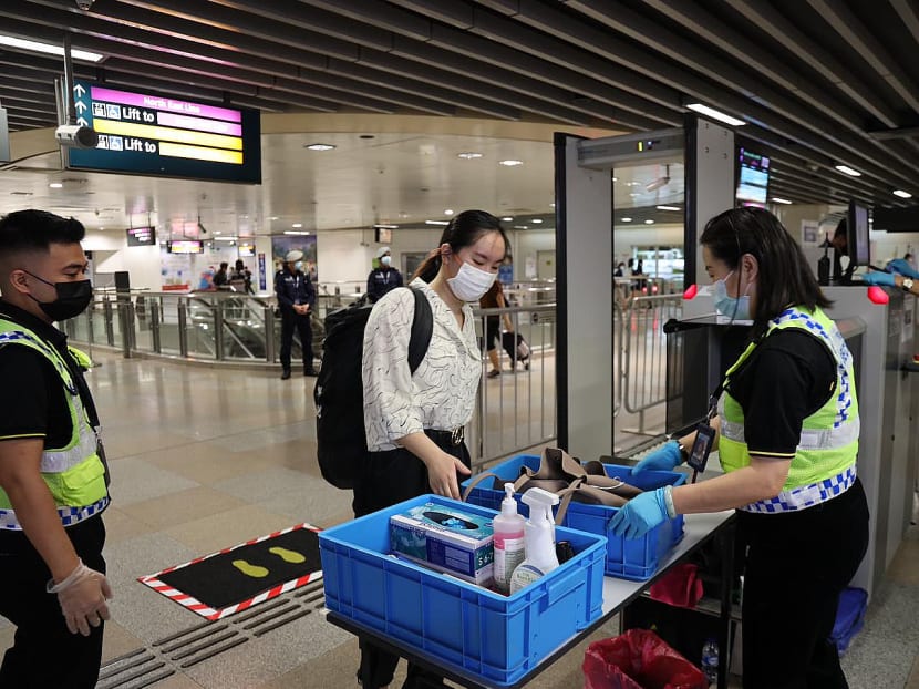 A security screening for commuters as part of Exercise Station Guard at Serangoon MRT Station in 2021.

