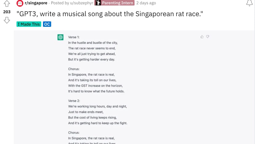 #trending: Musical song lyrics on 'Singaporean rat race' written by AI impresses Redditors