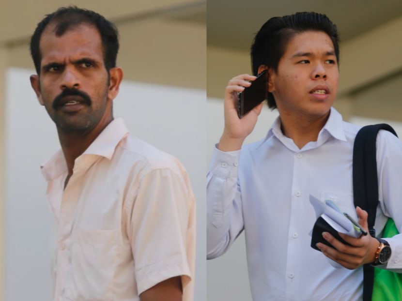 (Left) Sathappan Anbarasan, 33, and Ho Jun Wei, 17, at the State Courts on Thursday, May 24, 2018.